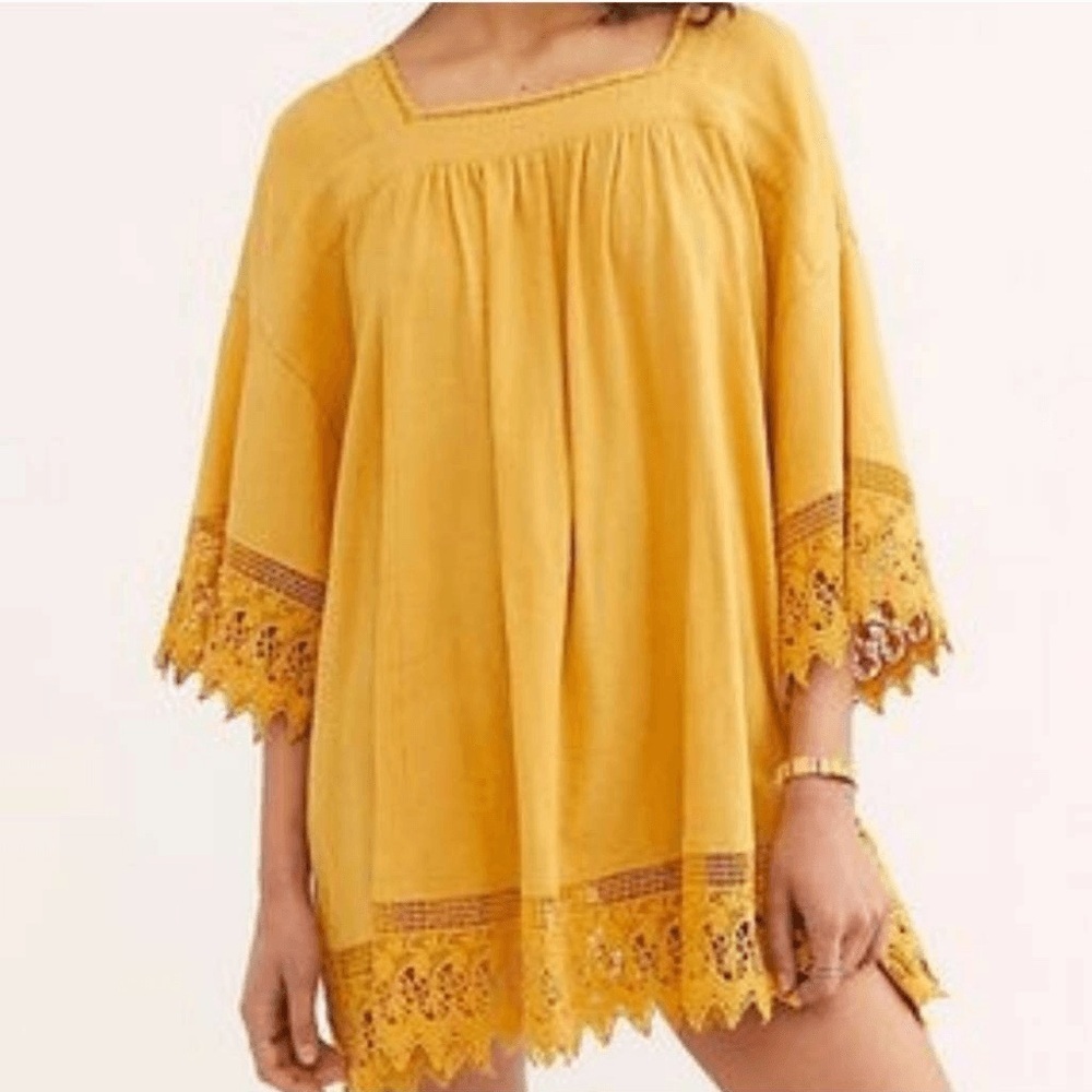 Free People Golden Yellow Oversized Crochet Trim Tie Back Tunic Dress, Large